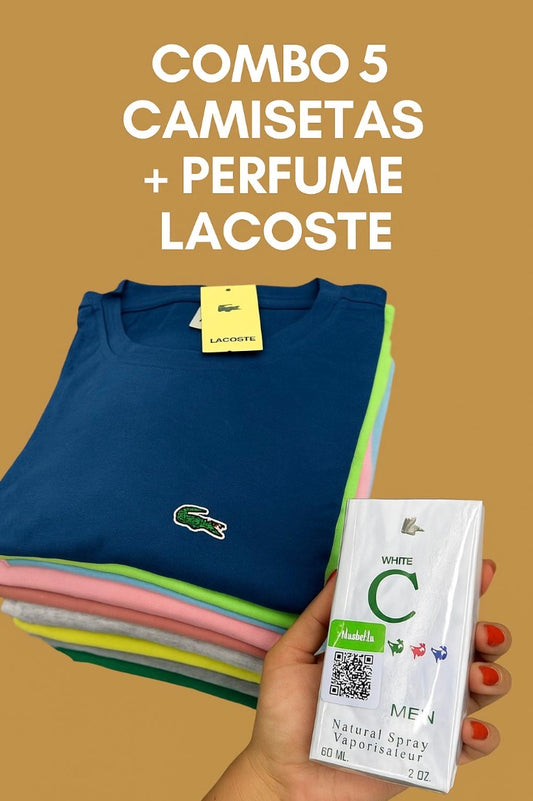 Super Combo Caballero: 5 Camisetas Lacoste Premium + Perfume Gratis